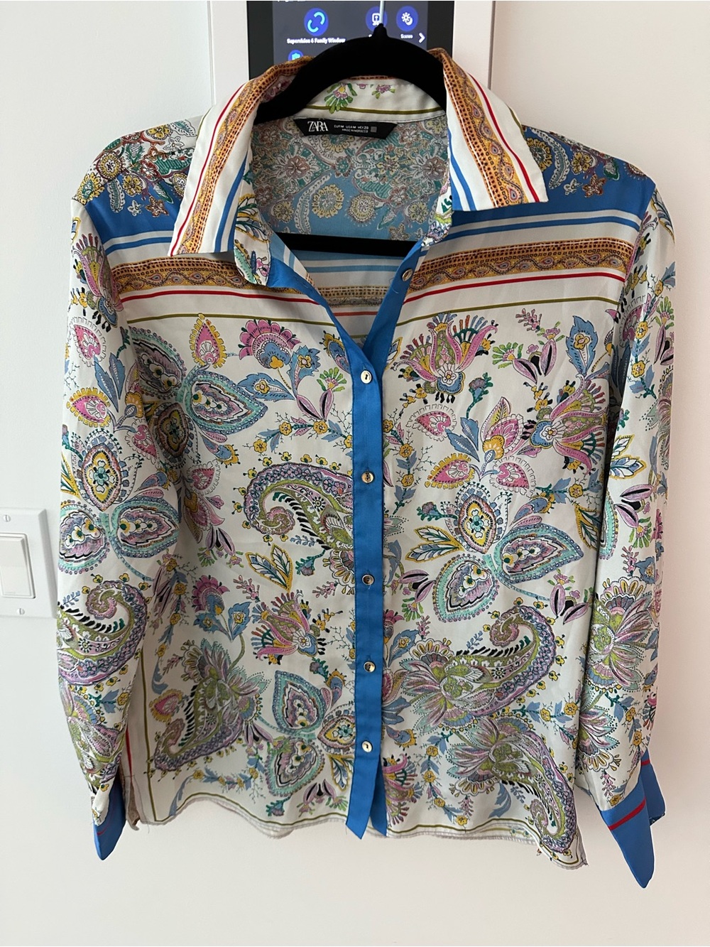Zara Multicolor Paisley Button-Down Shirt with Blue Trim